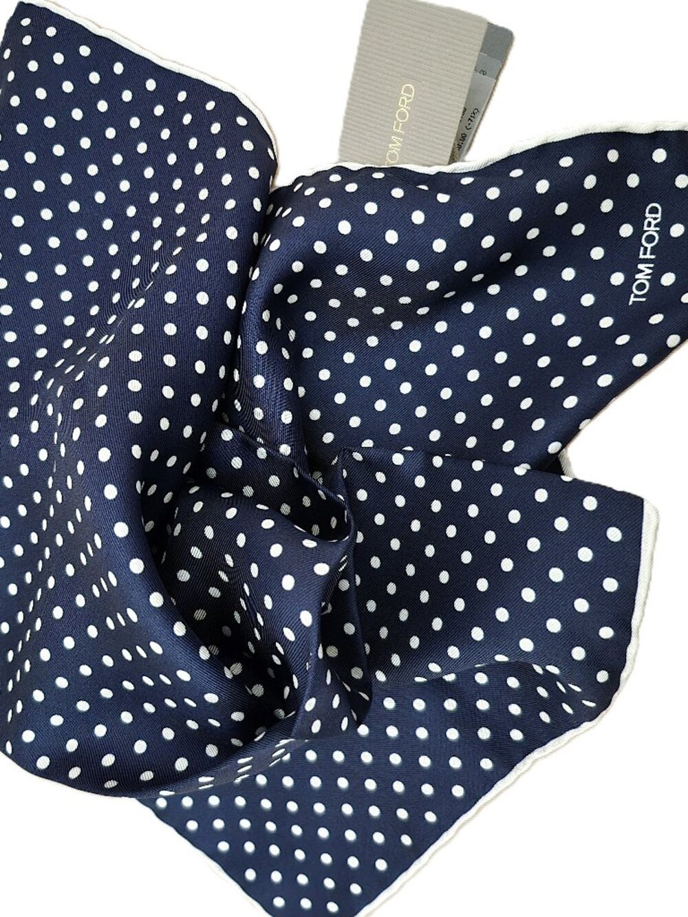 NWT $195 TOM FORD Navy White Polka Dot Silk Pocket Square Handkerchief